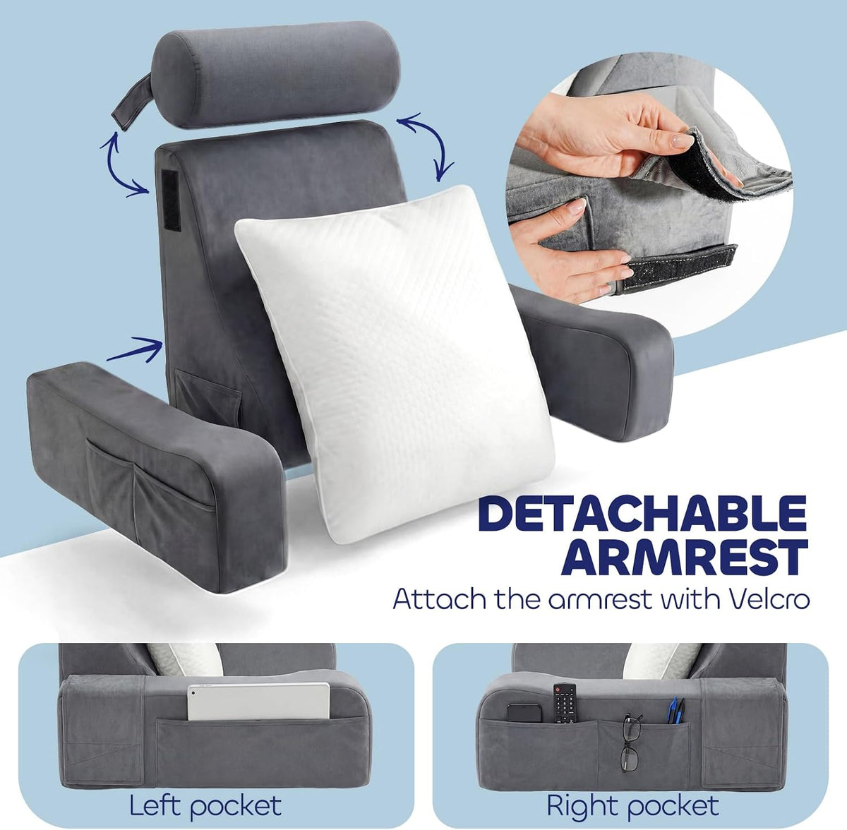 Ergonomic Reading Pillow for Bed Sitting Up, Adjustable Back Pillow with Detachable Armrests, Removable Leg Support Converts to Cylindrical Pillow, Machine Washable Cover with Pockets – Grey