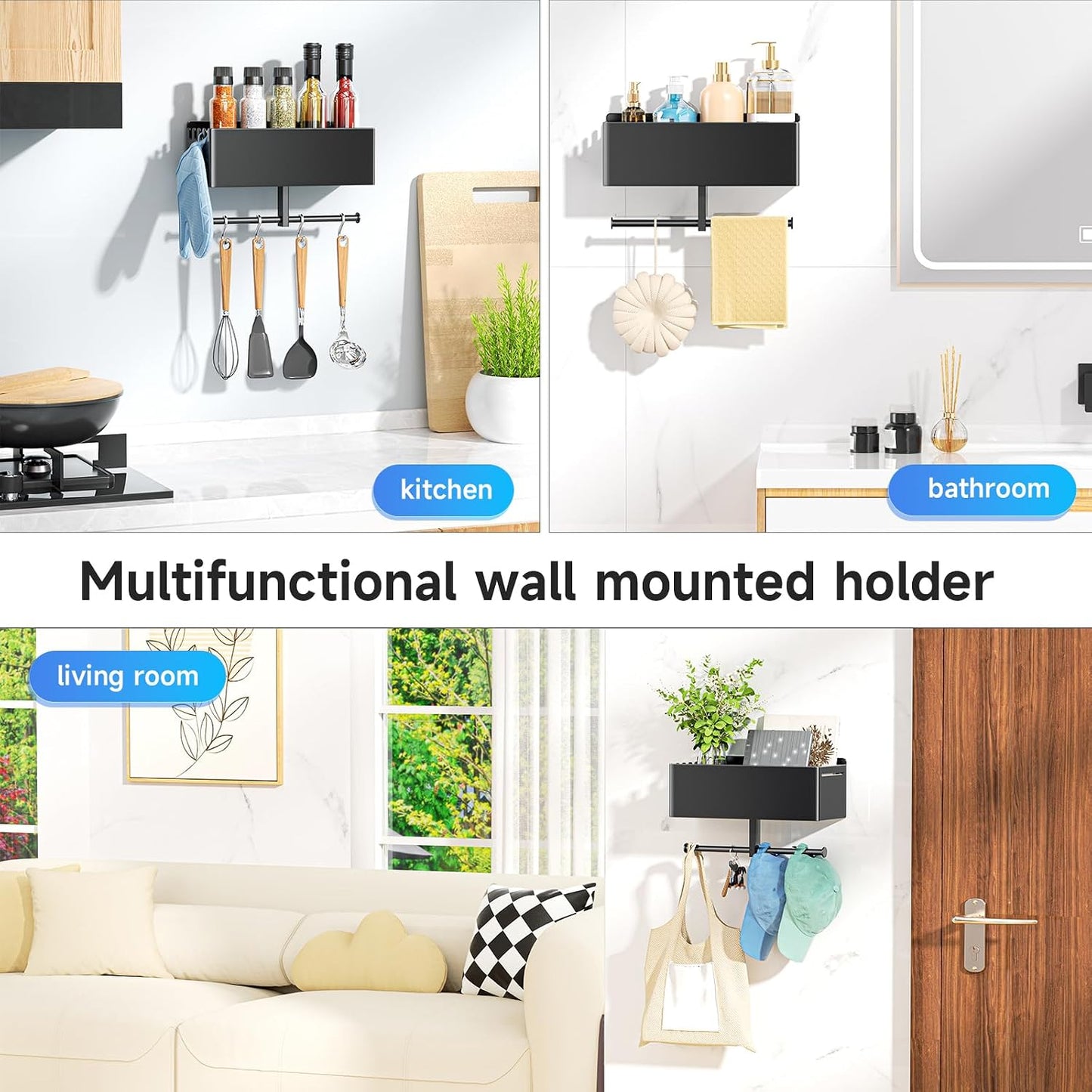 Dog Leash Holder for Wall, Dog Leash Hooks, Wall Mounted Leashes Hangers, Dog Storage Organizer, Key Holder with Storage Shelf, Pet Stuff Organizer for Pet Toys, Collar, Treats, Poop Bag (Black)