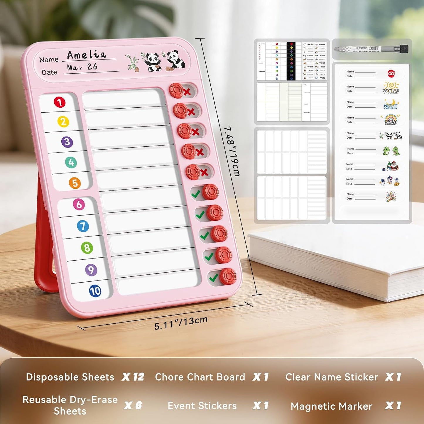 Chore Chart for Kids ADHD Tools to Do List Checklist Magnetic Planning Board with Sliders, Visual Schedule Board with Dry Erase Sheets, Sticker, Marker, Routine Chart for Kids - Pink