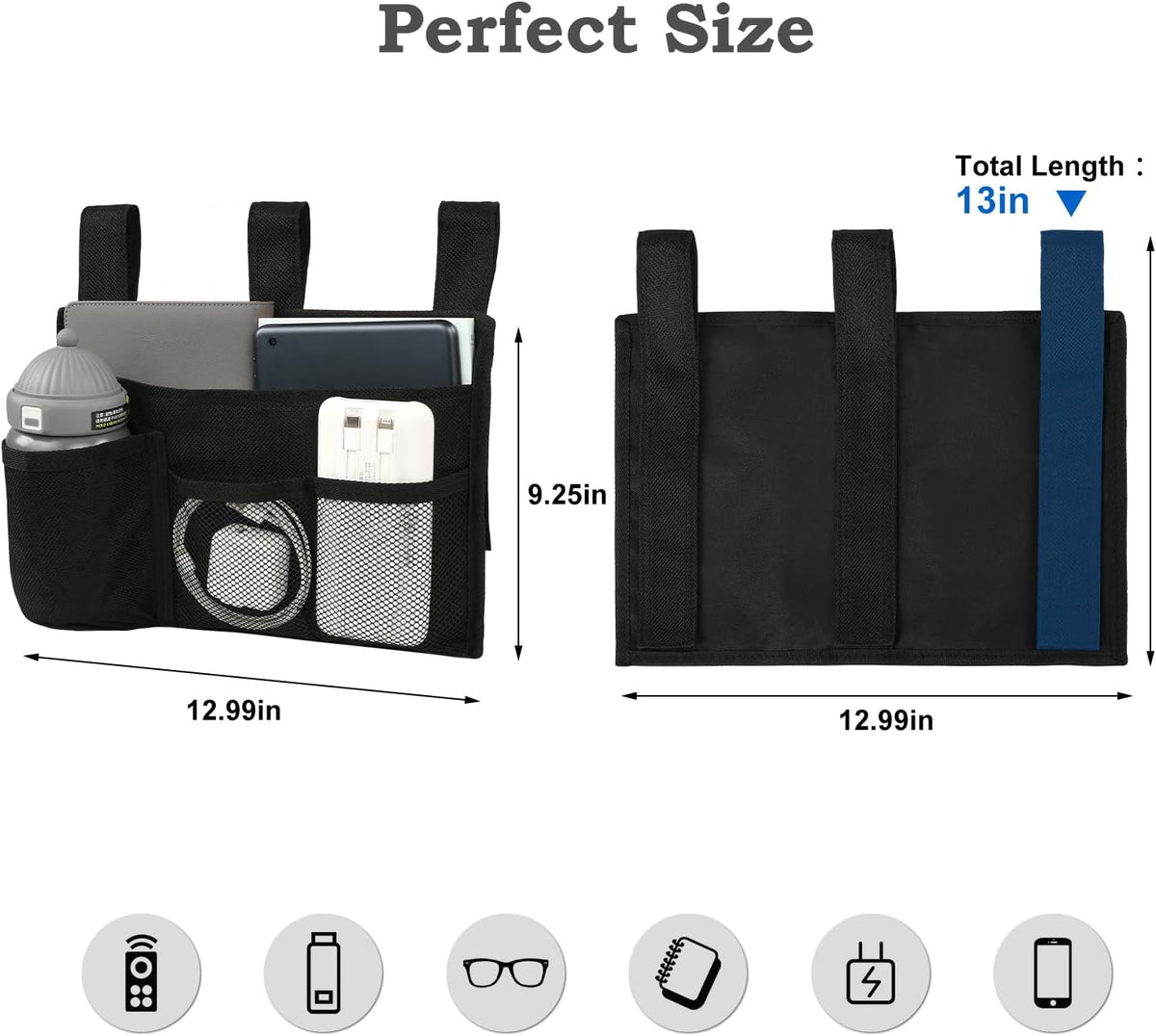 Surblue Bedside Caddy Bed Organizer Hanging Storage Bag for Hospital Beds Bunk Rooms Baby College Dorm Bed Rails Camp Wheelchairs,4 Pockets,Black