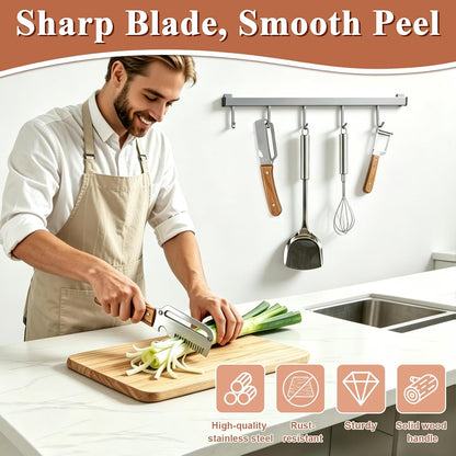 2 Pcs Multi-Functional Vegetable Peeler, Stainless Steel Blade with Wooden Handle, 3-in-1 Fruit Peeler with Bottle Opener and Grater, Kitchen Tool for Apple Potato Pumpkin Fruit Veggie