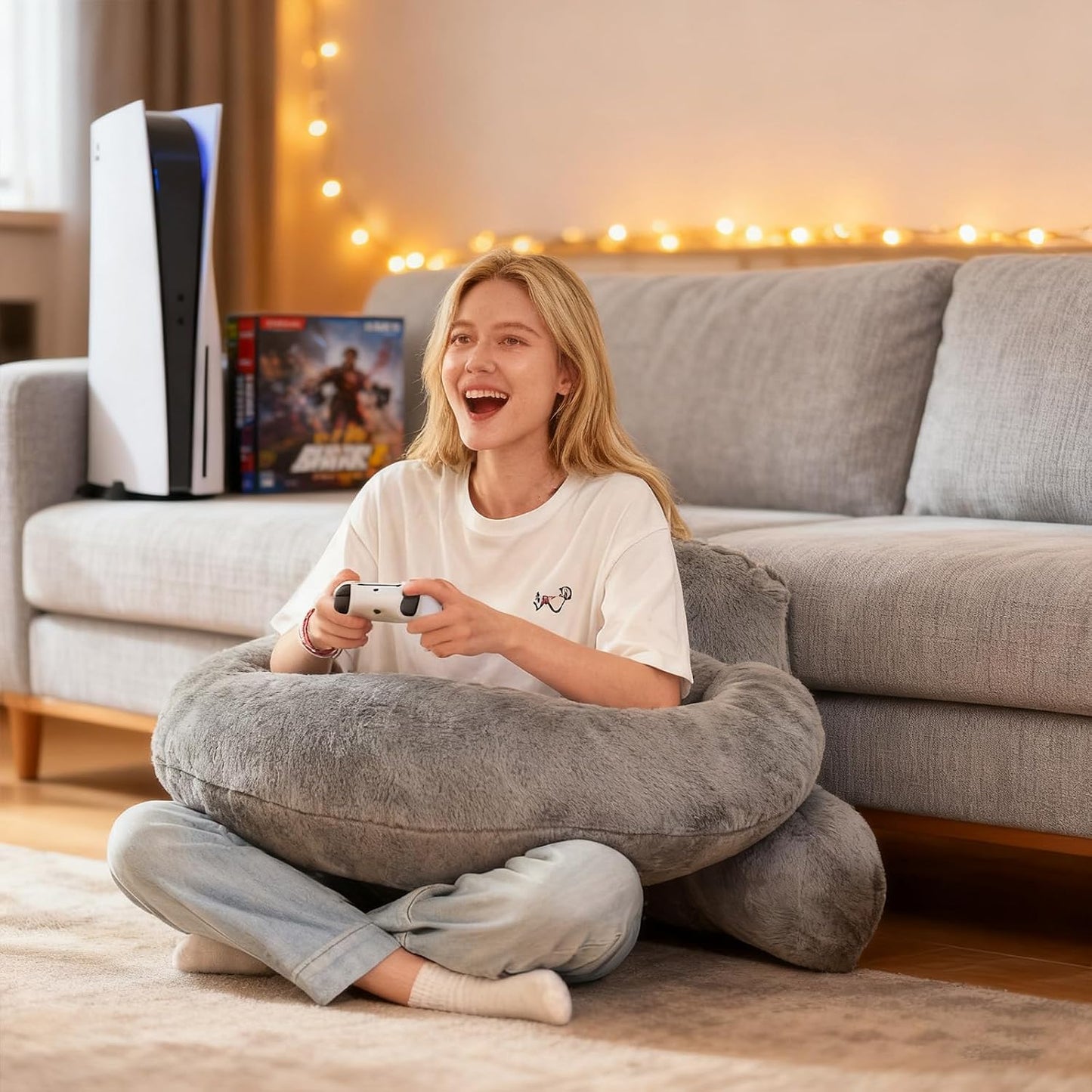 Reading Pillow with Arms for Sitting in Bed,Backrest,White Flannel,M | 17" Backrest Supports Back for College Students,Elbows & Forearms for Dorm Reading,Gaming,Watching TV