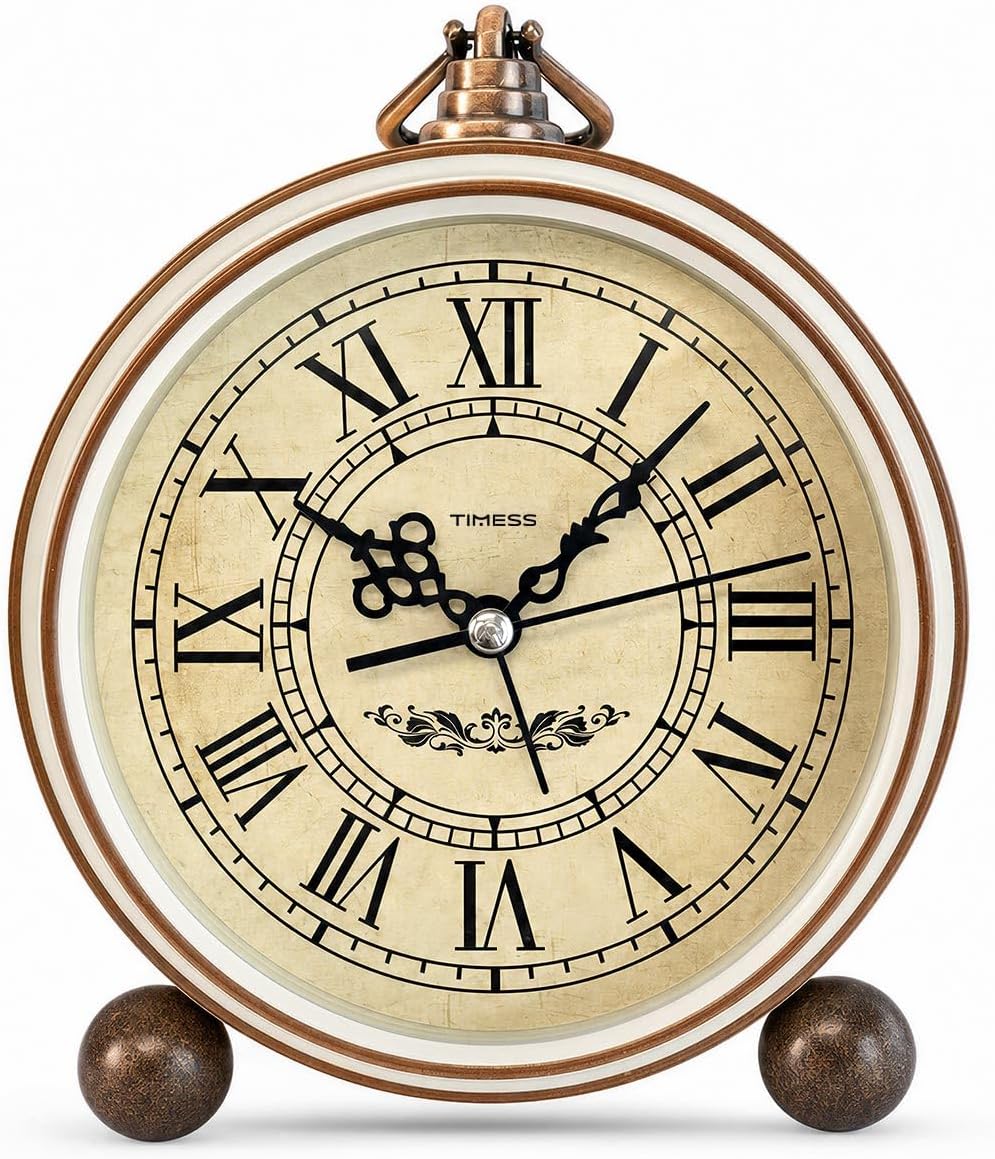 TIMESS 4.3-Inch Vintage Analog Alarm Clock, Silent Non-Ticking, Brown