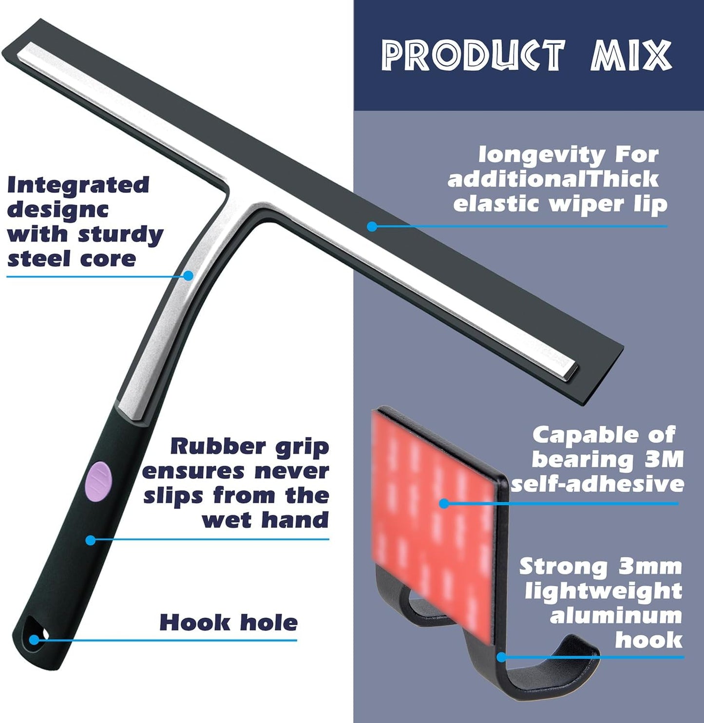 12 Inch Silicone Shower Squeegee for Glass Doors with Microfiber Cloth & Hook, Streak-Free Window Cleaner for Bathroom Mirror Tile Car, No-Scratch Squeegee with Rustproof Metal Core (Black)