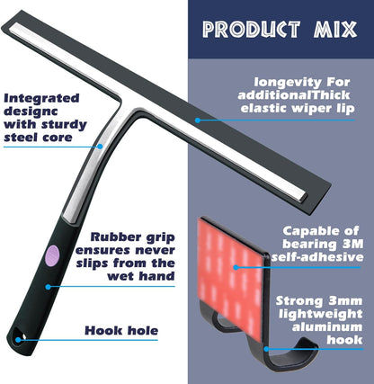 12 Inch Silicone Shower Squeegee for Glass Doors with Microfiber Cloth & Hook, Streak-Free Window Cleaner for Bathroom Mirror Tile Car, No-Scratch Squeegee with Rustproof Metal Core (Black)