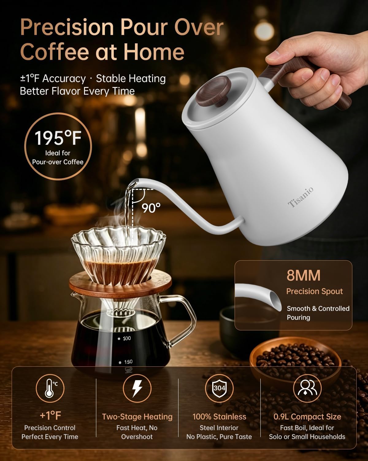 Gooseneck Electric Kettle with Temperature Control, 0.9L, Black | ±1°F Precision Pour Over Kettle, LCD Dual Display, Smart Two-Stage Heating, 2H Keep Warm, 304 Stainless Steel Interior