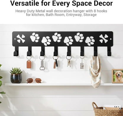 Metal Key Hanger Wall Mount Dog Leash Holder for Wall, Key Rack with 8 Hook | Entryway/Hallway/Kitchen Decor, Self Adhesive Dog Paws Design Walls Organizer with Screw Anchors for Gifts