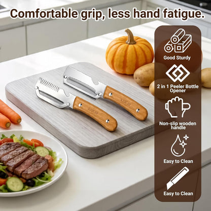 Multifunctional Vegetable Peeler and Julienne Peeler, Stainless Steel Shredder with Wooden Handle and Bottle Opener for Potatoes Carrots Cucumbers Cabbage and Fruit (1Pc)