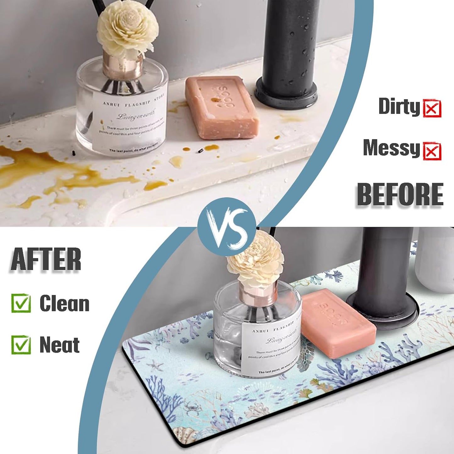 Sink Faucet Absorbing Mat, 2 Pack Drying Mat Around Faucet Sink Splash Guard Behind Faucet Sinkmat For Kitchen Bathroom Island Rv 24 * 5.5 Inch (60 * 14 cm)