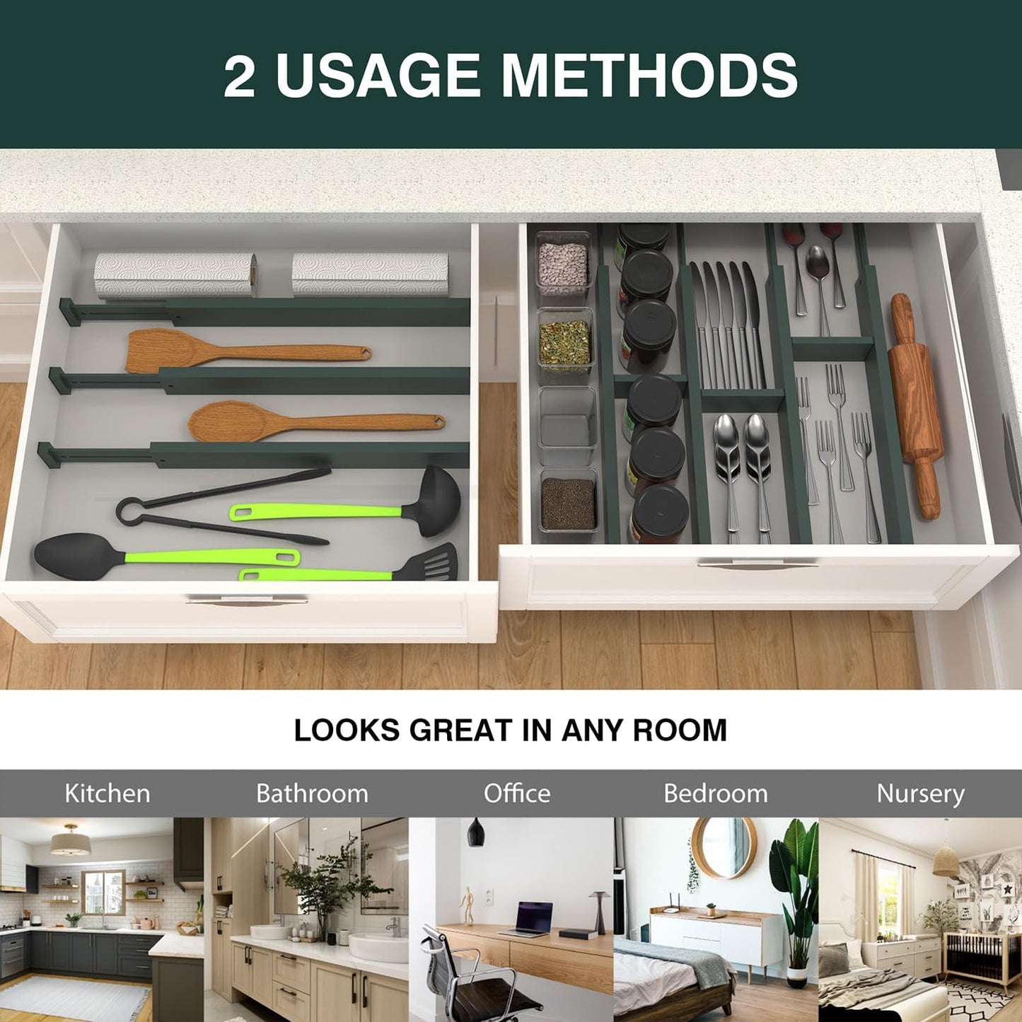 Bamboo Drawer Dividers Organizers, Drawer Separators Splitter,17-22 inches Long Adjustable Spring-loaded Organizer for Large Utensil, Clothes, Tools Drawers(yellow)
