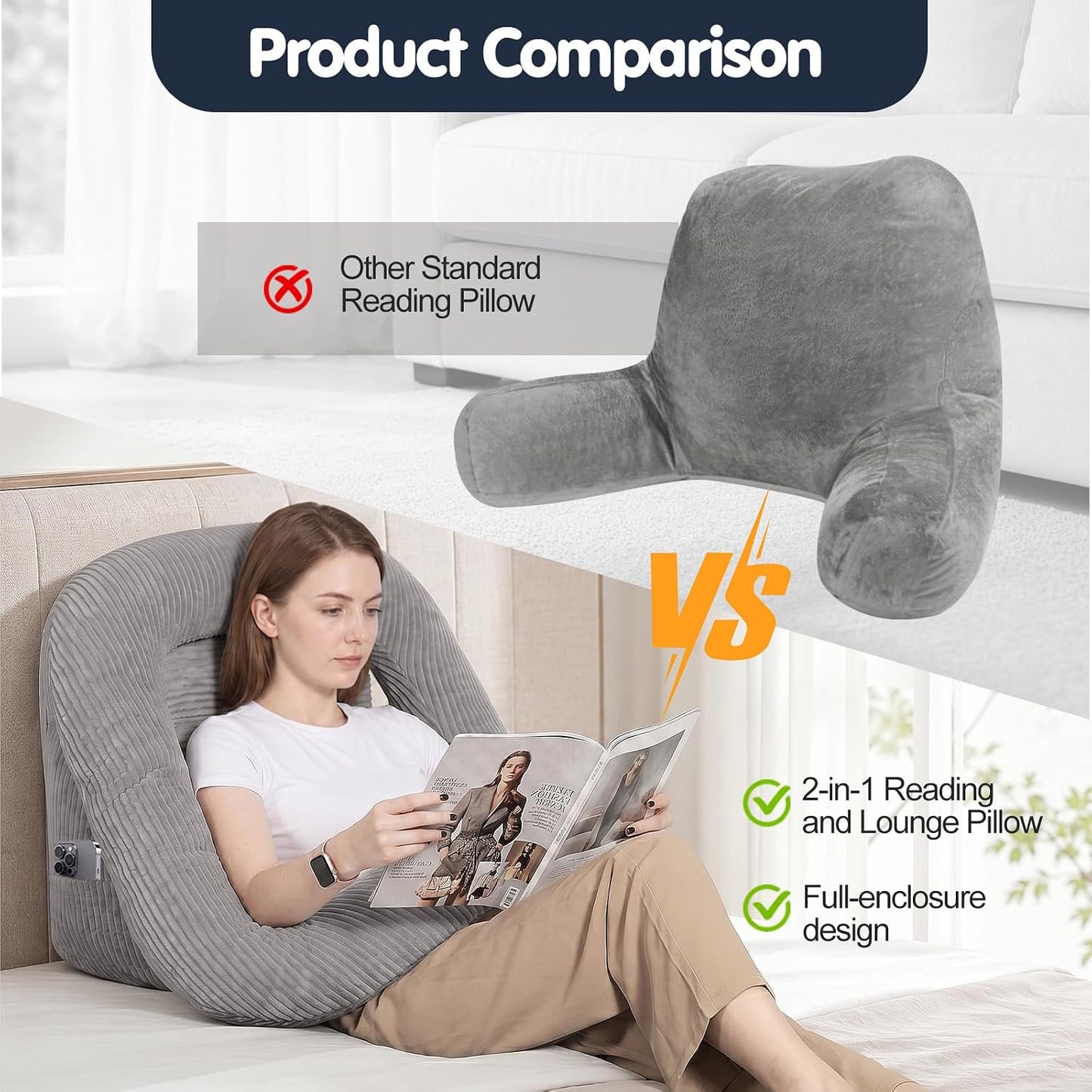 Reading Pillow for Bed, Backrest Pillow with Arms for Adult | Bed Pillow for Sitting Up, Back Support Pillows for Sleeping, Reading and Gaming with Shredded Memory Foam, Gray