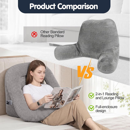 Reading Pillow for Bed, Backrest Pillow with Arms for Adult | Bed Pillow for Sitting Up, Back Support Pillows for Sleeping, Reading and Gaming with Shredded Memory Foam, Gray