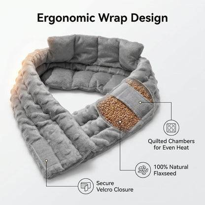 Microwavable Neck and Shoulder Heating Pad, Flaxseed Filled Hot and Cold Relief Wrap, Hook and Loop Adjustable Cervical Wrap for Neck Shoulder Back Comfort, Gray