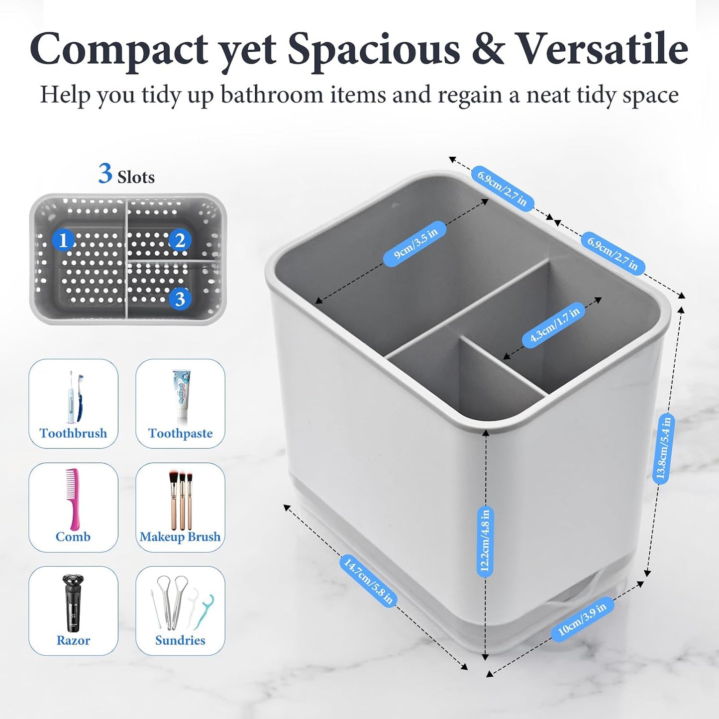 Toothbrush Holders for Bathrooms, 3 Slots Tooth Brush Holder for Bathroom Organizer Storage, Electric Toothbrush Holder and Toothpaste Holder for Countertop with Drainage