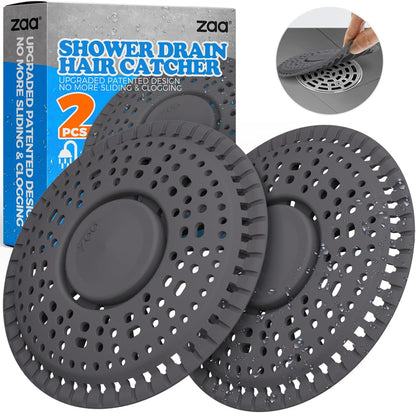 Shower Drain Hair Catcher Silicone Flat Floor Strainer Protector | 2 Pack Gray Weighted Flat Shower Drain Protectors, Traps Hair Before Clogs, Easy to Clean in Seconds, Fits Flat Floor Drains