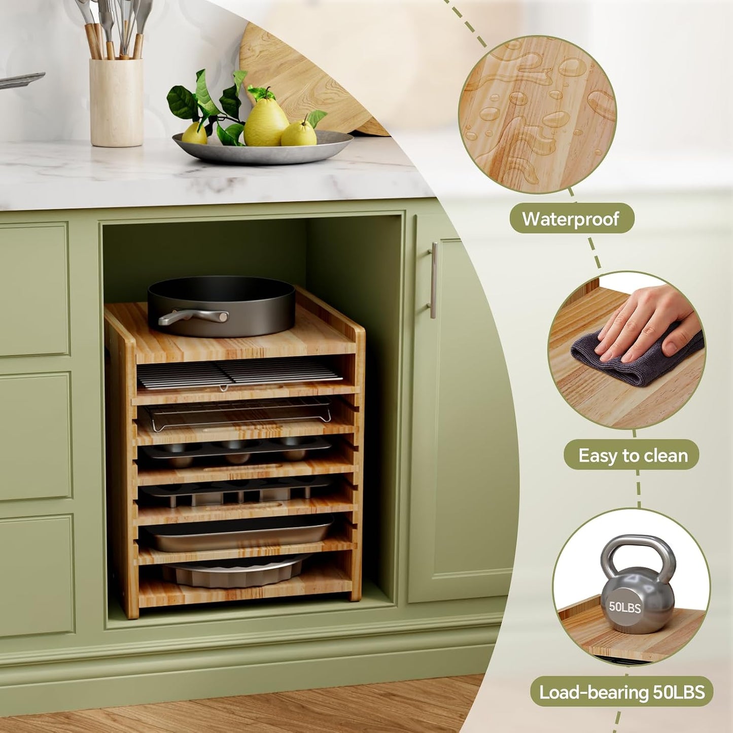 7 Tiers Cookie Sheet Organizer for Cabinet, Wooden Tray Dividers for Kitchen Cabinets Baking Sheet Pan Organizer, for Heavy Pans, Cutting Board, Bakeware, Kitchen Cupboard Storage, Solid Wood