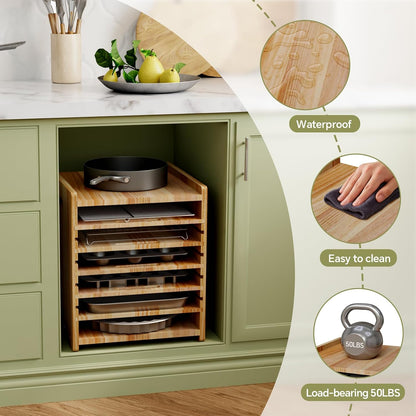7 Tiers Cookie Sheet Organizer for Cabinet, Wooden Tray Dividers for Kitchen Cabinets Baking Sheet Pan Organizer, for Heavy Pans, Cutting Board, Bakeware, Kitchen Cupboard Storage, Solid Wood