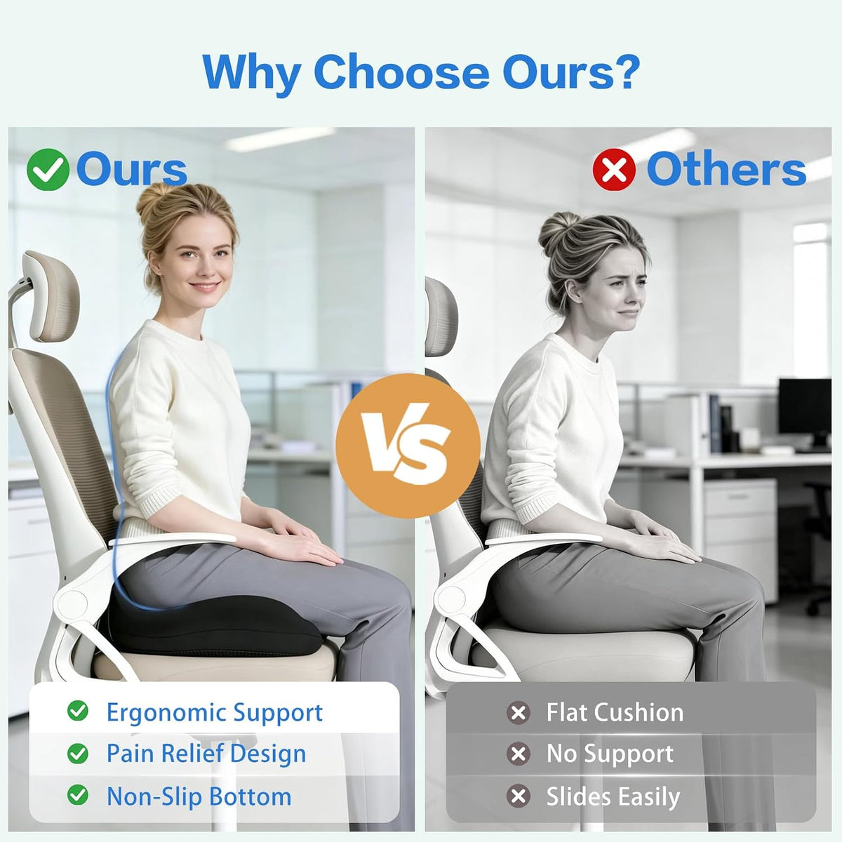 Memory Foam Seat Cushion for Sciatica & Tailbone Pain Relief – Comfort Support for Office Chair, Car Seat, Airplane, Long Sitting Workers & Drivers (Black)