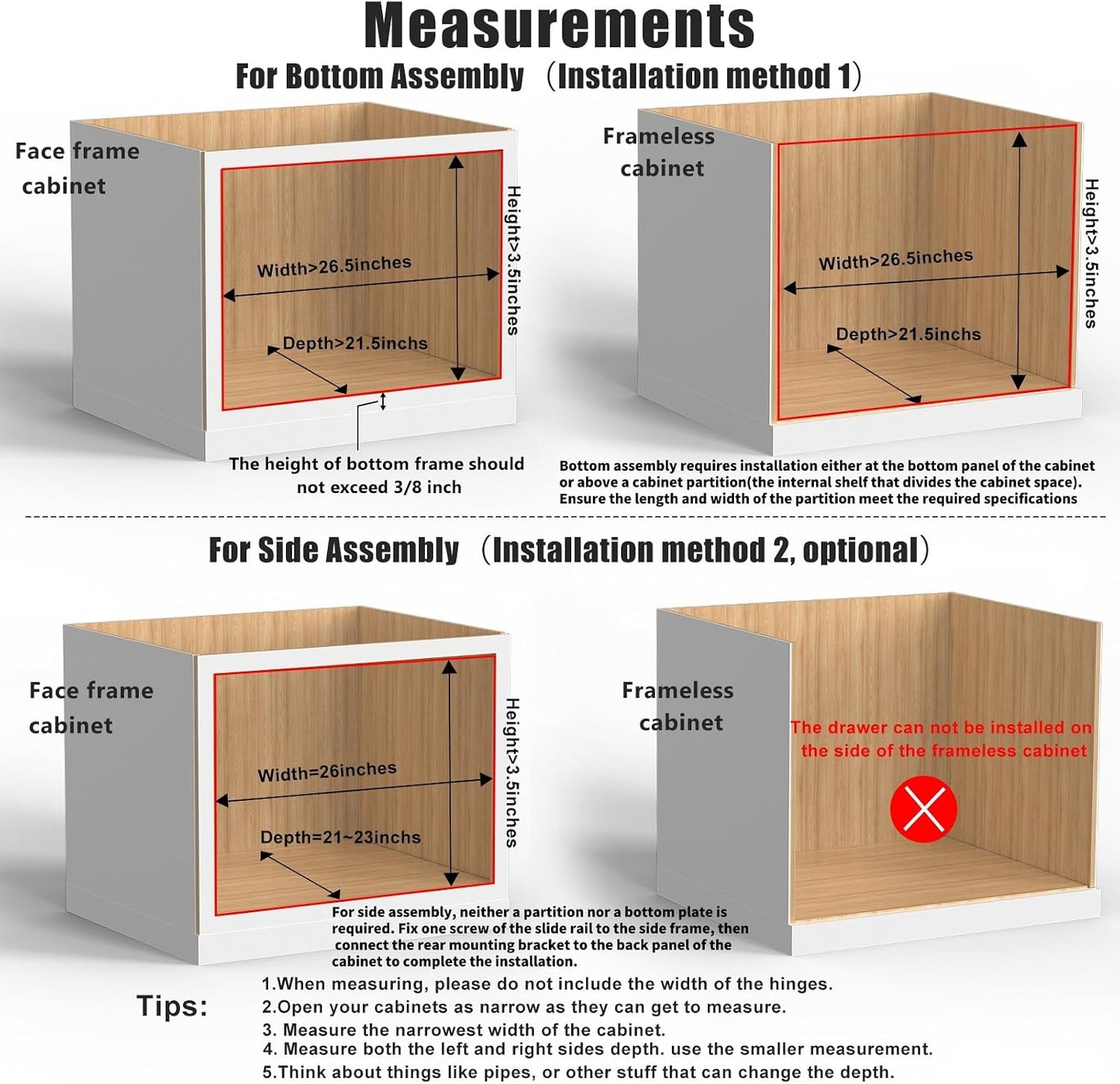 32''W x 21''D x 3''H Pull Out Cabinet Drawer Soft Close Slide Out Wood Organizer for Kitchen, Finished, Bottom and Side Assembly (Wood Drawer Part Width is 31inch)