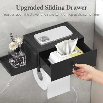 Lifewit Toilet Paper Holder Wall Mount with Shelf & Drawer, Black, 1 Pack | Screw or adhesive installation, sturdy bathroom tissue storage, holds wipes & small toiletries, bathroom accessory organizer