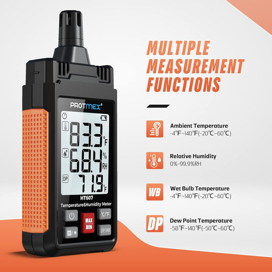 HT607 Temperature Humidity Meter - Large LCD Backlight with Cover Protector | High-Precision Digital Hygrometer with Ambient, Relative Humidity, Dew Point, Wet Bulb Thermometer, Min/Max Hold
