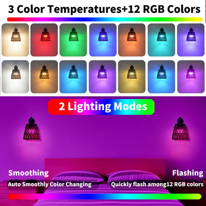 Boho Battery Operated Wall Sconces, Rattan Wall Sconce Set of 2 with Remote, RGB 15 Colors Dimmable Rechargeable Wall Light, Black Indoor Wireless Wall Lamp, Farmhouse Rattan Wall Lighting for Bedroom