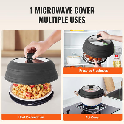 VEVOR Microwave Splatter Cover & Mat, 10.8" Collapsible Microwave Lid for Food, 500°F Heat-Resistant Silicone & Tempered Glass Splatter Guard for Plate Dish, Multi-Purpose Kitchen Gadget with Handle