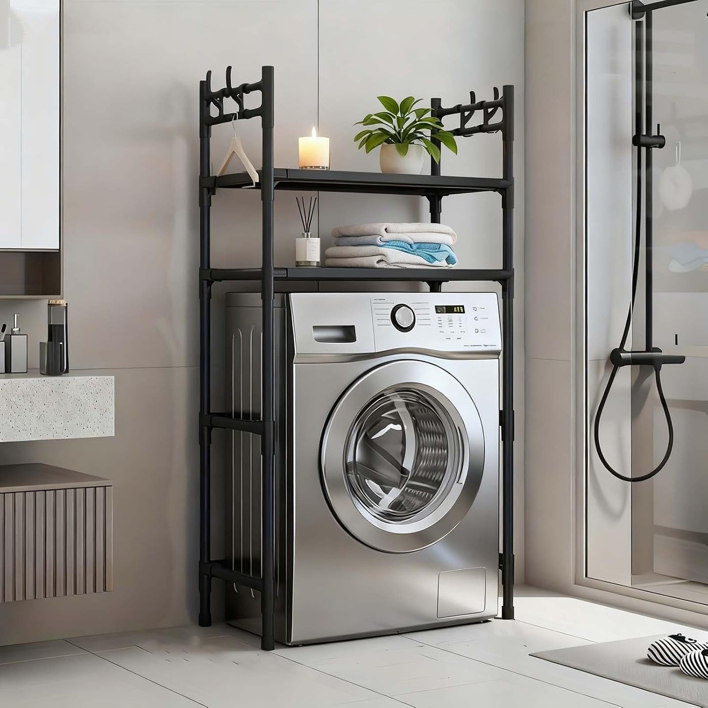 2-Tier Over Washer and Dryer Shelves - Portable Dryer Stand Over Washer with Hooks, Durable Plastic Laundry Organizer for Bathroom/Laundry Room(Black)
