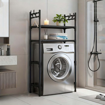 2-Tier Over Washer and Dryer Shelves - Portable Dryer Stand Over Washer with Hooks, Durable Plastic Laundry Organizer for Bathroom/Laundry Room(Black)