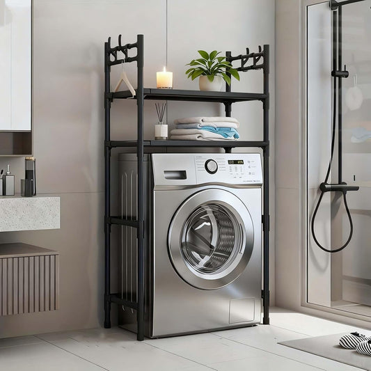 2-Tier Over Washer and Dryer Shelves - Portable Dryer Stand Over Washer with Hooks, Durable Plastic Laundry Organizer for Bathroom/Laundry Room(Black)