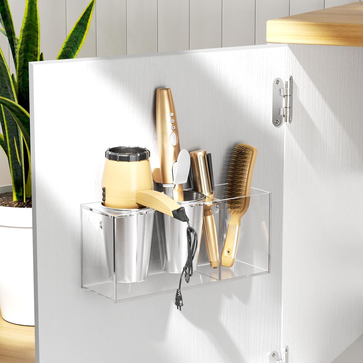 NIUBEE Hair Tool Organizer Wall Mount, Hair Dryer Holder for Bathroom,White | Acrylic Hair Organizer Storage Countertop, Blow Dryer Holder, Hot Tools Organizer for Curling Iron, Brush, 2 Stainless Cups