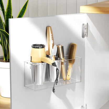 NIUBEE Hair Tool Organizer Wall Mount, Hair Dryer Holder for Bathroom,White | Acrylic Hair Organizer Storage Countertop, Blow Dryer Holder, Hot Tools Organizer for Curling Iron, Brush, 2 Stainless Cups