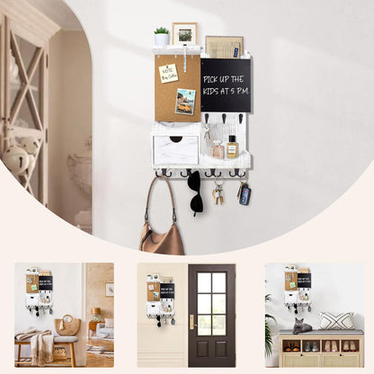 Key Holder for Wall Mount with Shelf and Mail Organizer, Key and Mail Holder with 16 Hooks, Farmhouse Entryway Organizer, Home Decor Rack (Pine Wood, White Washed)