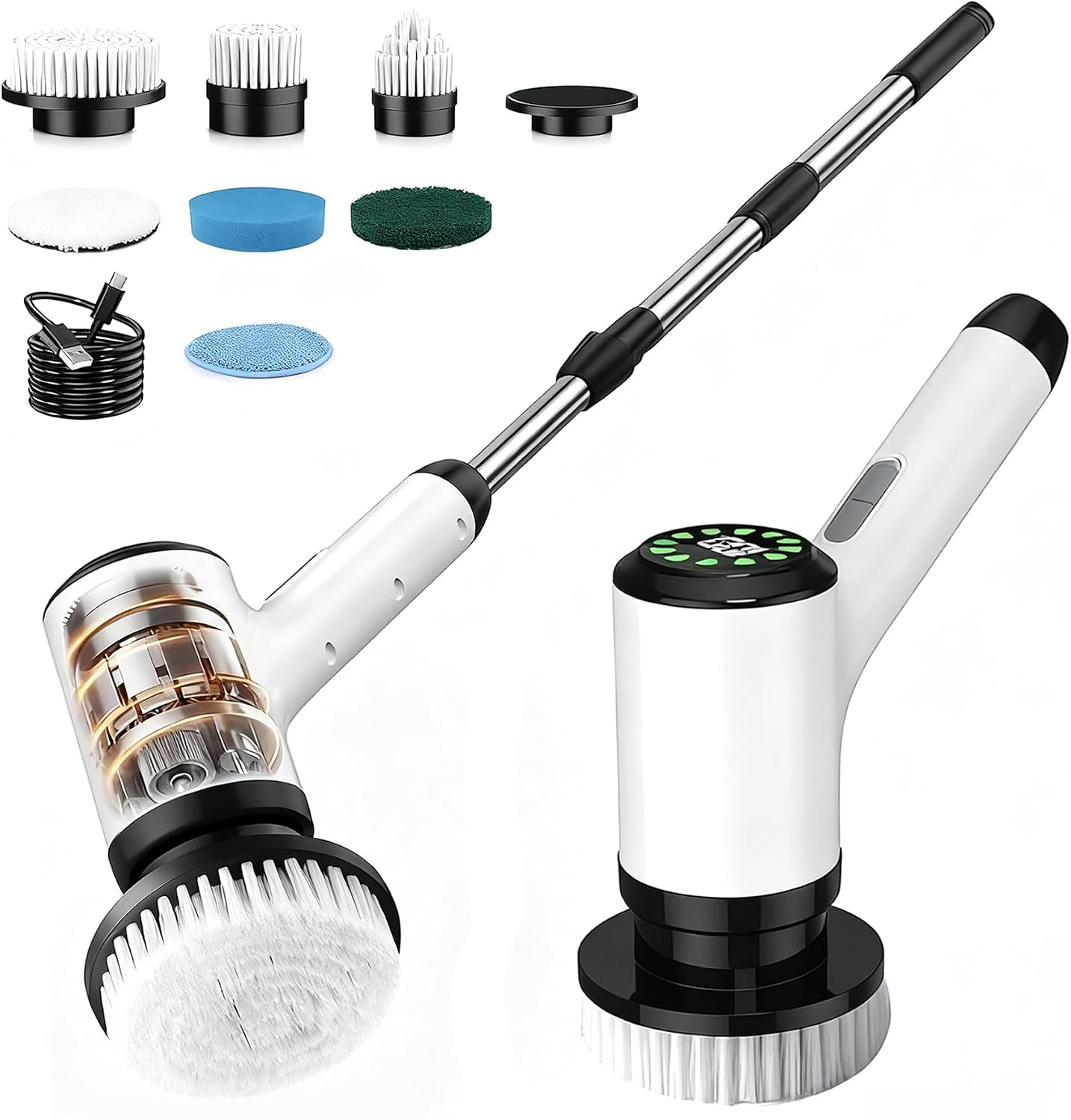 Cordless Electric Spin Scrubber, 8-in-1 Bathroom Cleaner | Bathroom scrubber, LED display, dual speeds, IPX7 waterproof, interchangeable heads for grout, tub, shower, wet-dry vacuum