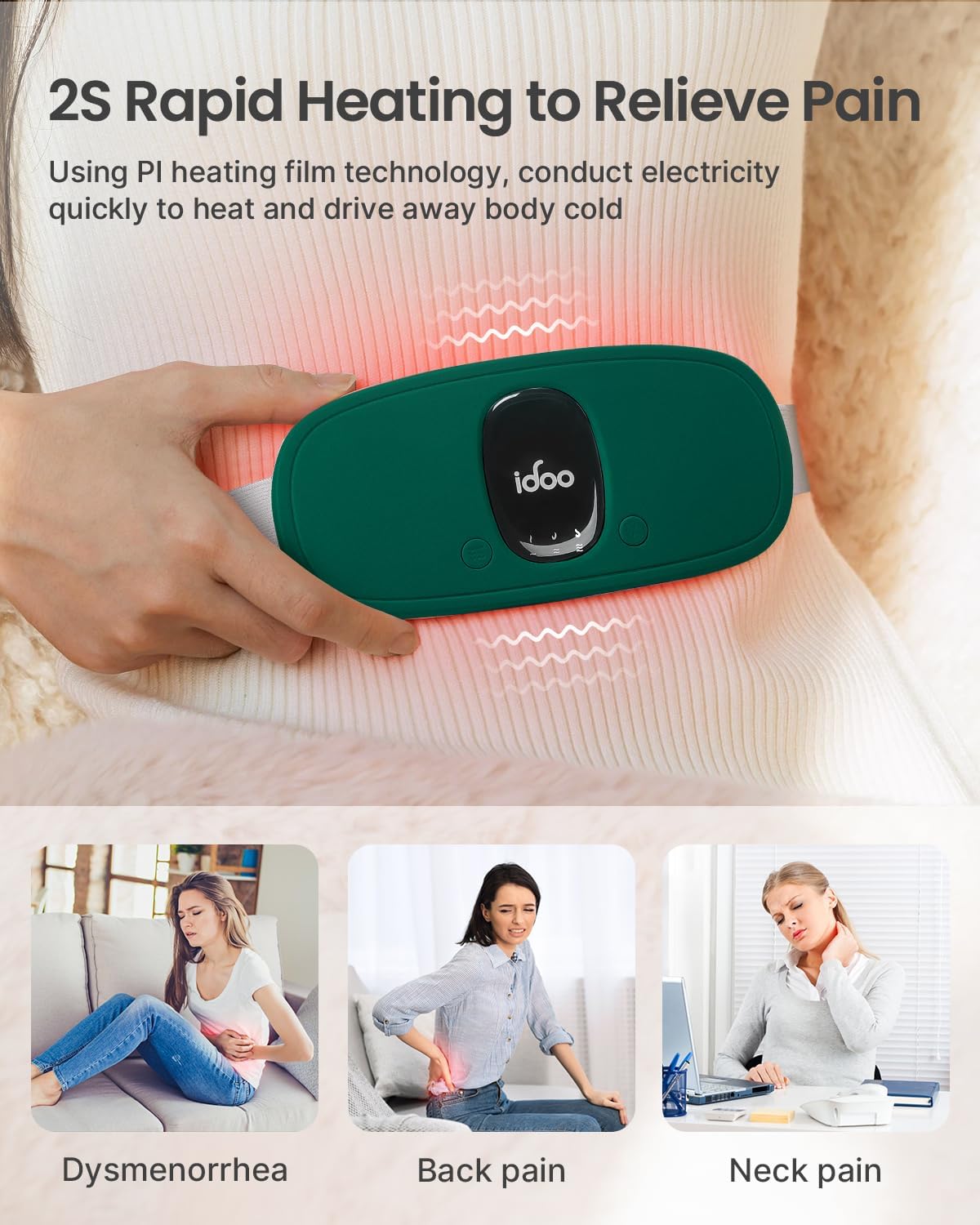 iDOO Portable Heating Pad for Period Cramps, FSA Eligible Item, Gifts for Women Girlfriend Mom Wife, Back Belly Heat Pad for Menstrual Pain Relief, with 3 Heat Levels 3 Massage | Back & Belly Wrap for Menstrual Cramps, 3 Heat Levels 3 Massage, FSA