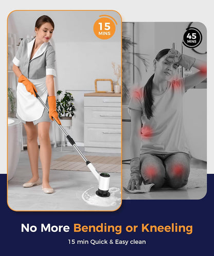 Cordless Electric Spin Scrubber, 8-in-1 Bathroom Cleaner | Bathroom scrubber, LED display, dual speeds, IPX7 waterproof, interchangeable heads for grout, tub, shower, wet-dry vacuum