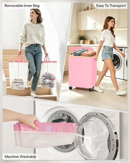Double Laundry Basket with Wheels and Lid, 150L Clothes Hampers for Laundry | Large Laundry Hamper with 2 Sections & Removable Liner Bags, Rolling Dirty Clothes Basket for Bedroom Bathroom Dorm College