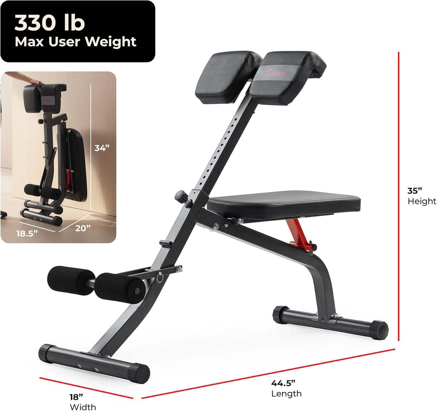 Sunny Health & Fitness Multi-Function Roman Chair | Adjustable Height, Folds Flat for Storage, Built in Dip Station, Targets Back, Abs & Core, Crunches & Back Extensions