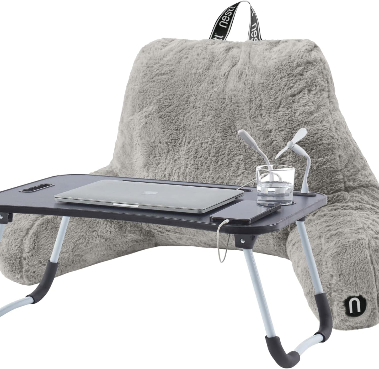 Nestl Fur Reading Pillow with Shredded Memory Foam, Stylish Back Pillow for Bed Sitting Up, Faux Fur Reading Pillows for Sitting in Bed Adult & Kids, Sit Up Back Support Pillow with Arms - Dark Grey