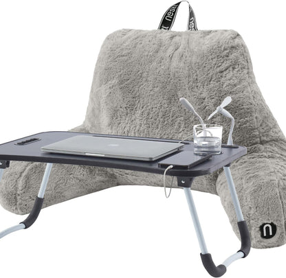 Nestl Fur Reading Pillow with Shredded Memory Foam, Stylish Back Pillow for Bed Sitting Up, Faux Fur Reading Pillows for Sitting in Bed Adult & Kids, Sit Up Back Support Pillow with Arms - Dark Grey