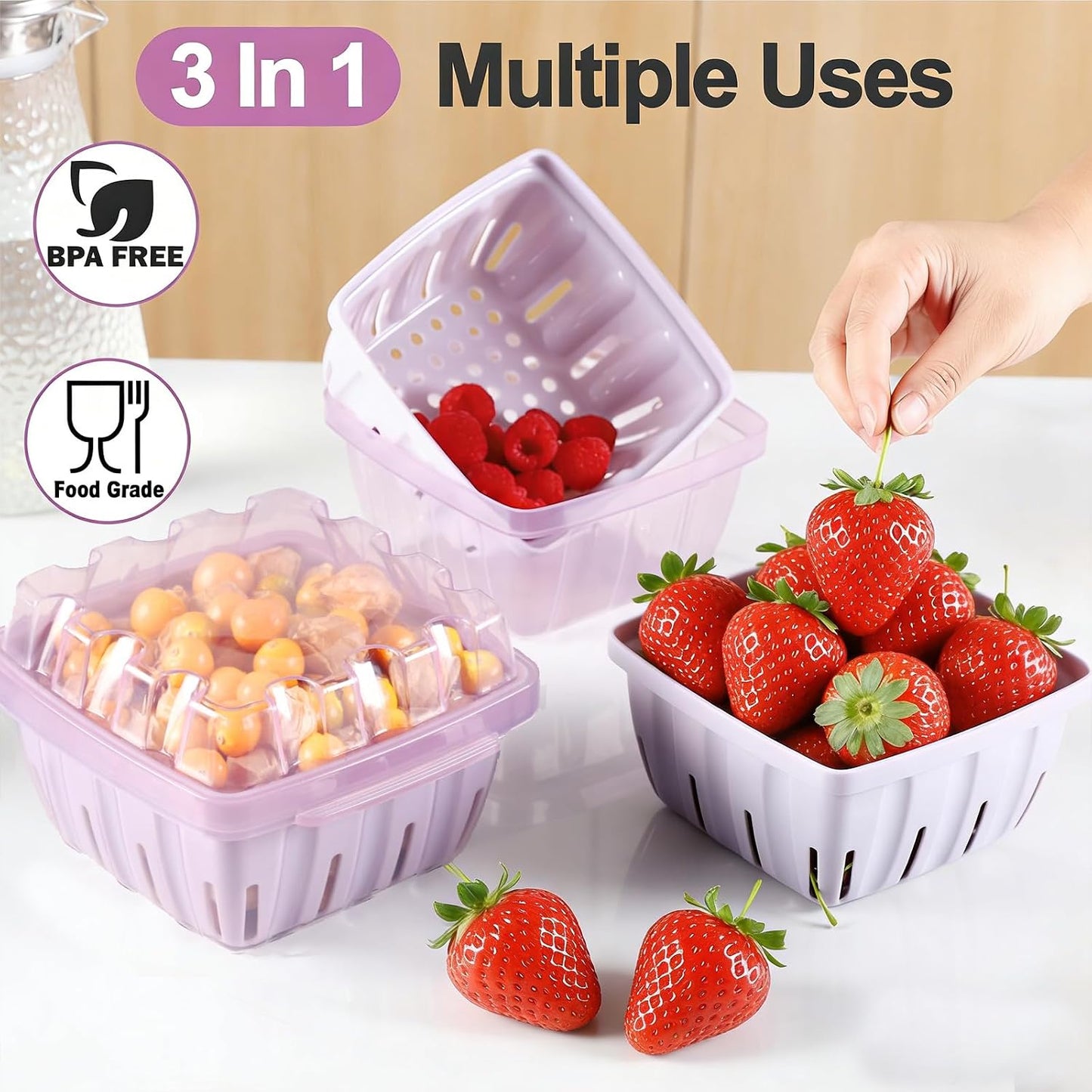 Berry Basket, 3-in-1 Fruit Colander with Holes, Berry Keeper with Colander | 1.1 Qt Vented Fruit Keeper, Lightweight Berry Bowl, Wash Drain & Store Strawberries, Blueberries, Grapes, Dishwasher safe