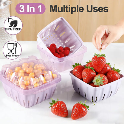 Berry Basket, 3-in-1 Fruit Colander with Holes, Berry Keeper with Colander | 1.1 Qt Vented Fruit Keeper, Lightweight Berry Bowl, Wash Drain & Store Strawberries, Blueberries, Grapes, Dishwasher safe