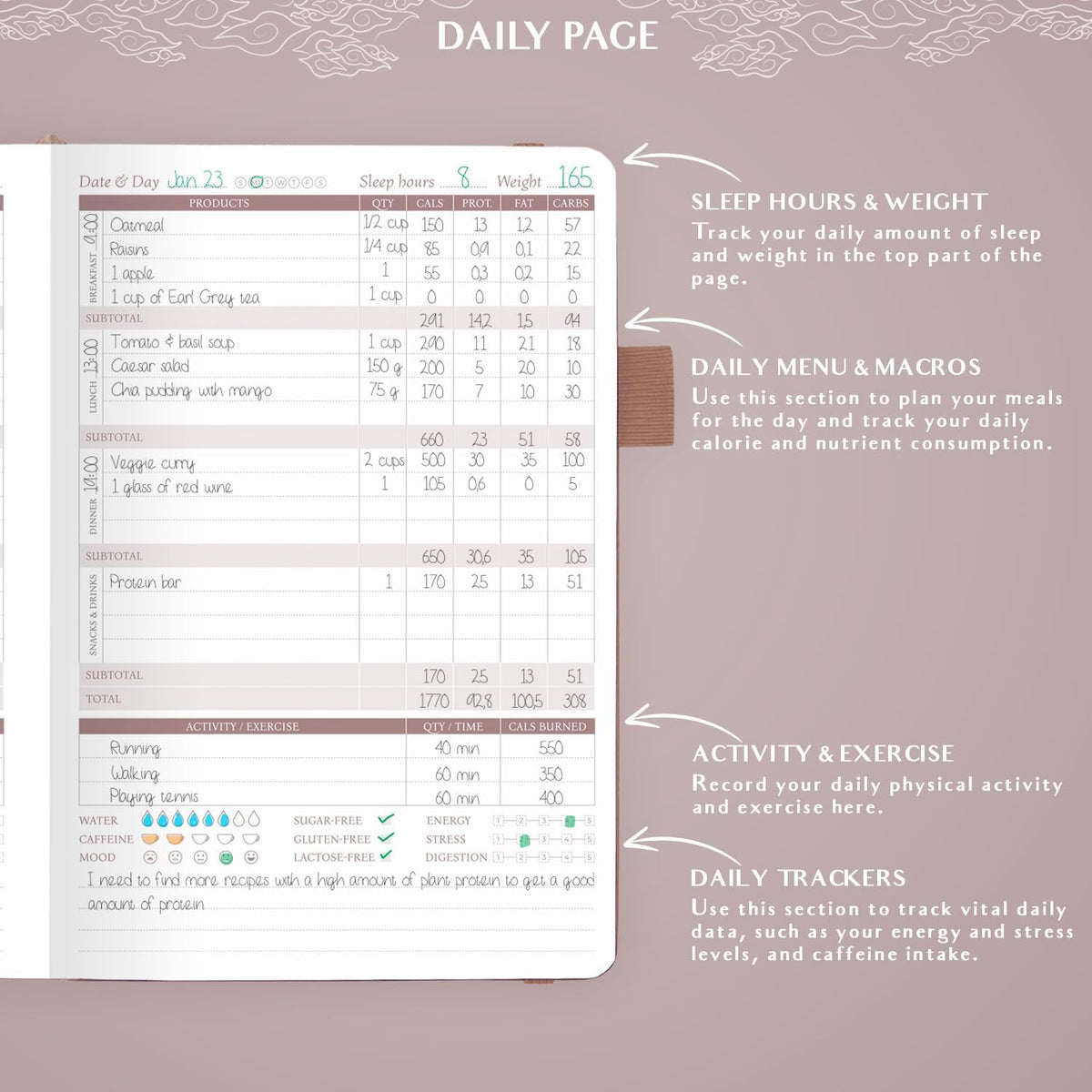 Legend Food Journal, Weight Loss & Meal Tracking Diary 5.8x8.3 Hot Pink