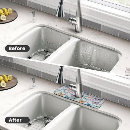 Abstract Flower Blooming Floral Watercolor Kitchen Sink Splash Guard Faucet Mat Super Absorbent Fast Drying Mat Sink Gadgets-Fast Drying Pad Sink Mat For Kitchen Bathroom (15" X 5.5" )