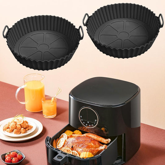 2 Pack 8 Inch Air Fryer Silicone Liners, Reusable Food Grade Air Fryer Liner Baskets, Air Fryer Silicone Mat Accessories Kitchen (Black)