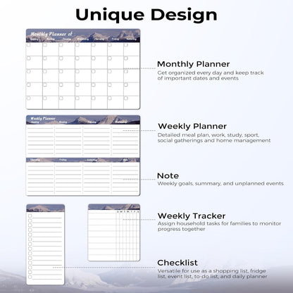 Refrigerator Calendar Magnetic, 16.3x11.7” (4-Pack) – Weekly & Monthly Planner, Chore Chart, Grocery/to-Do List for Fridge, Includes 8 Markers, 6 Magnets & 1 Eraser for Kitchen, Yellow