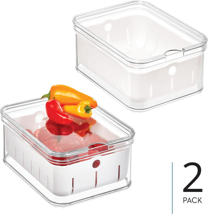 iDesign Small Fridge Berry Bin with Removable Colander Basket and Lid - Set of 2 - Clear/White