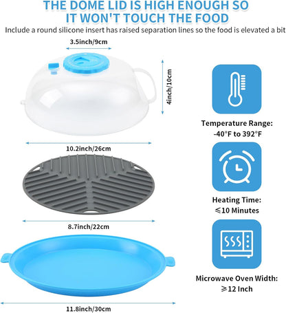 Microwave Splatter Cover Lid for Food 10.2 Inch with Water Steamer, Clear Microwave Splash Guard Cooker Lid with Plate, Dish Bowl Plate Serving Cover Cookware High Transparent Plastic Black