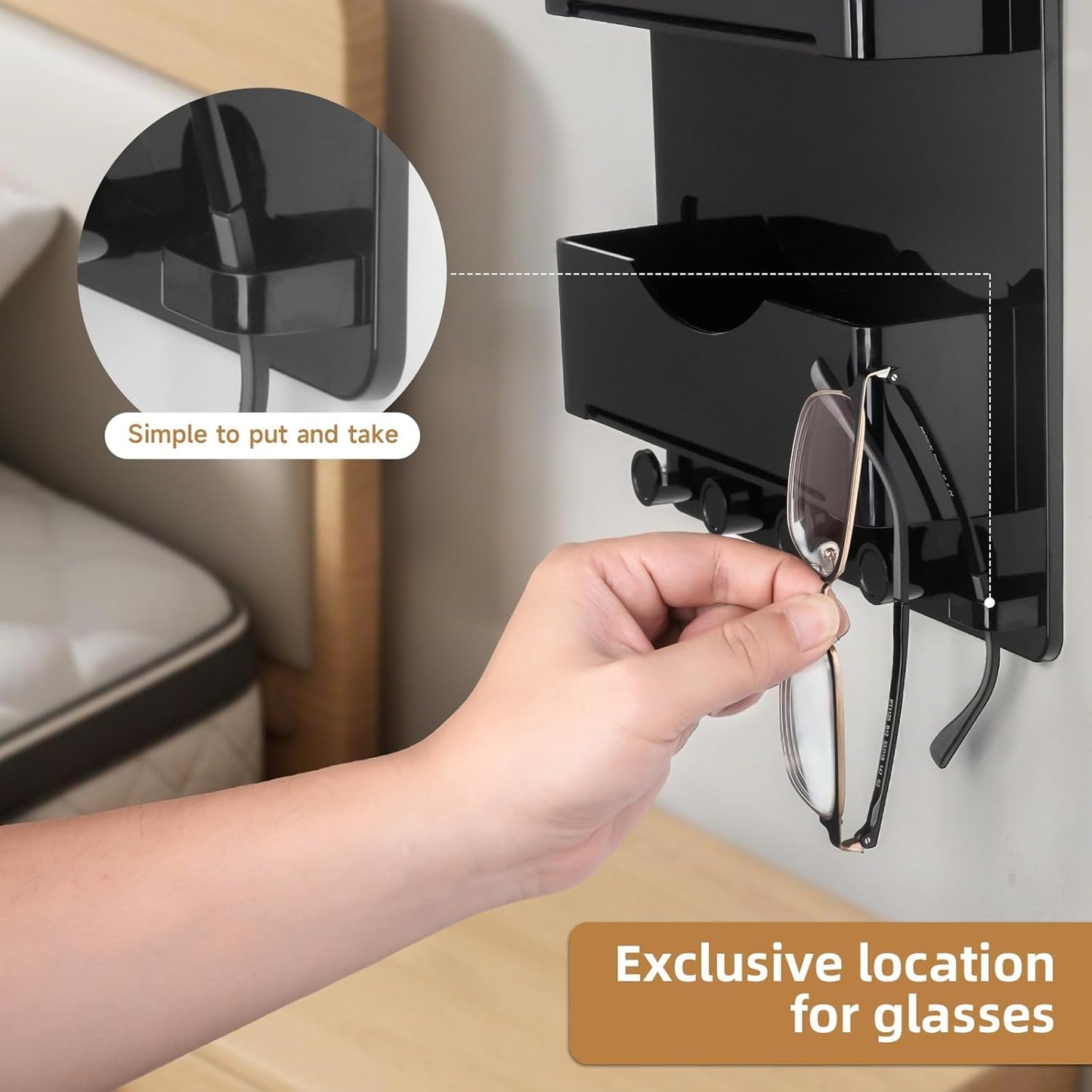 Bedside Wall Shelf with Glasses Hooks, Adhesive Bedside Organizer Wall Mount for Dorm and Room Accessories Phone，Remote，Earphone， Kindle (White)