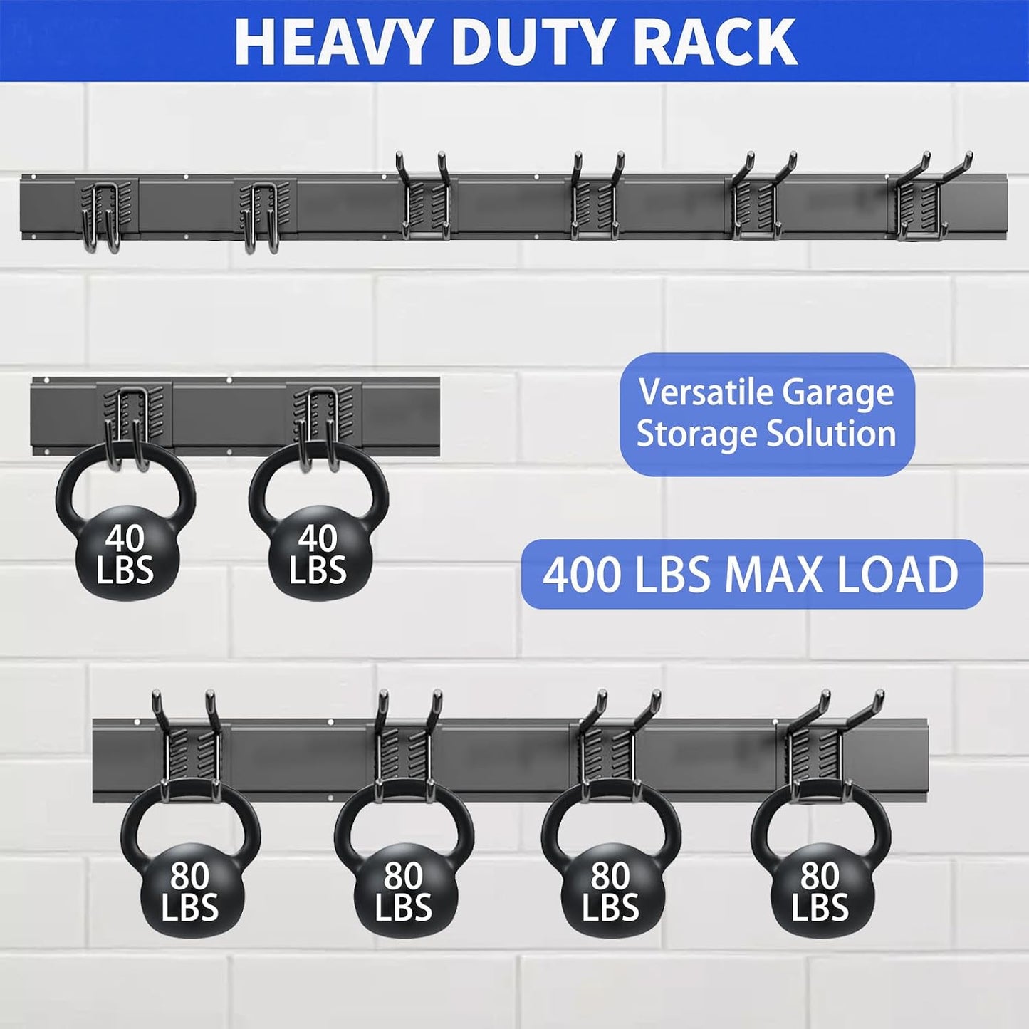 Garage Tool Organizer Wall Mount, 48 Inch Heavy Duty Garden Tool Organizer Storage System, Easy Install with 6 Adjustable Straight Hooks, for Garage, Basement, Shed, Workshop, Black, Steel